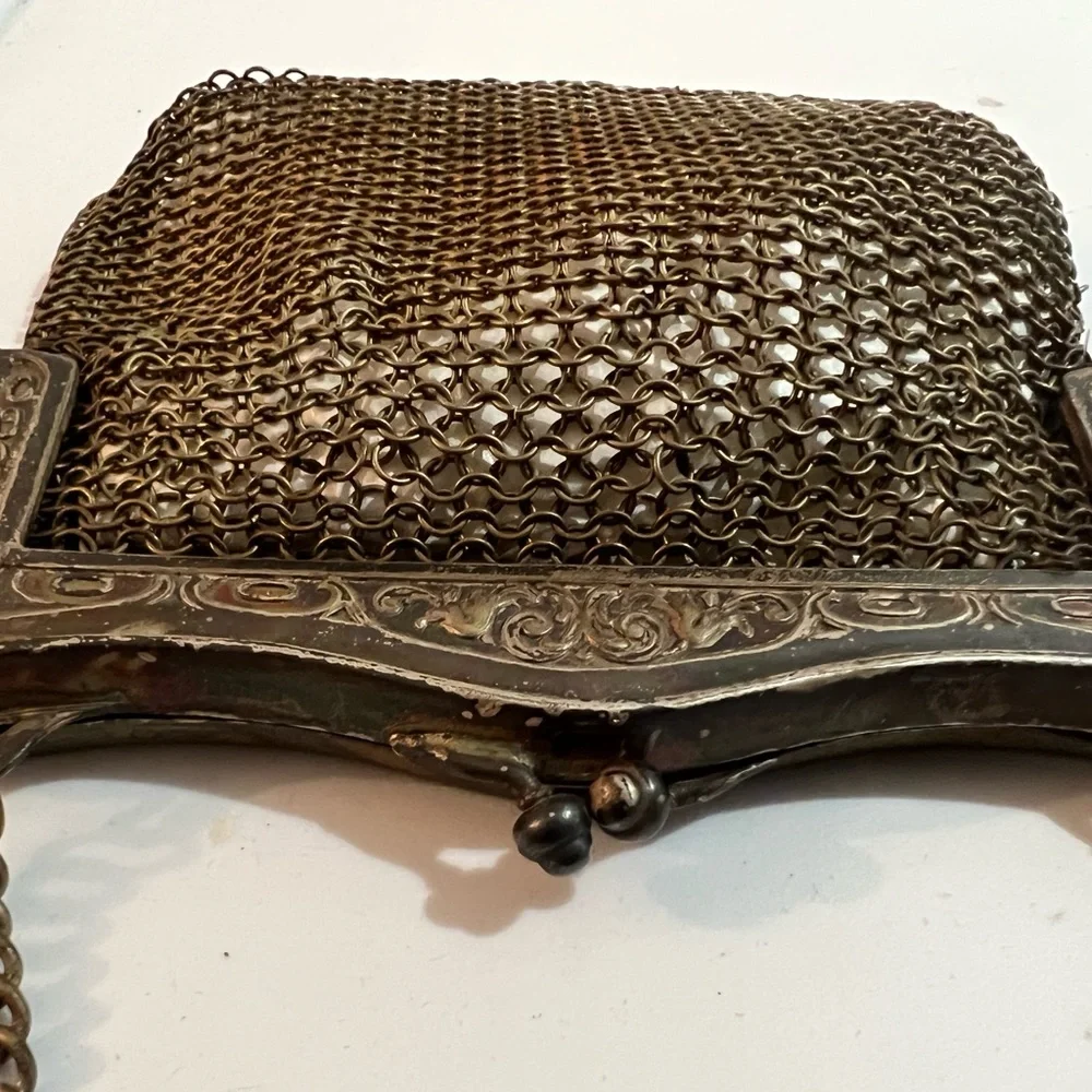 Antique Victorian Ornate Frame Metal Mesh Purse Bag - Picture 7 of 11